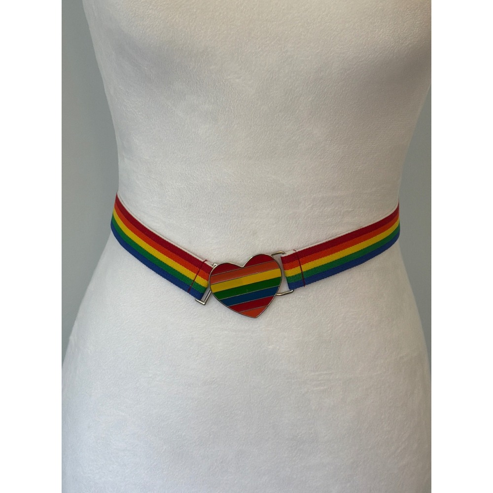 Vintage 1980s Jordache Rainbow Elastic Belt Heart Buckle Striped Multi Color 12